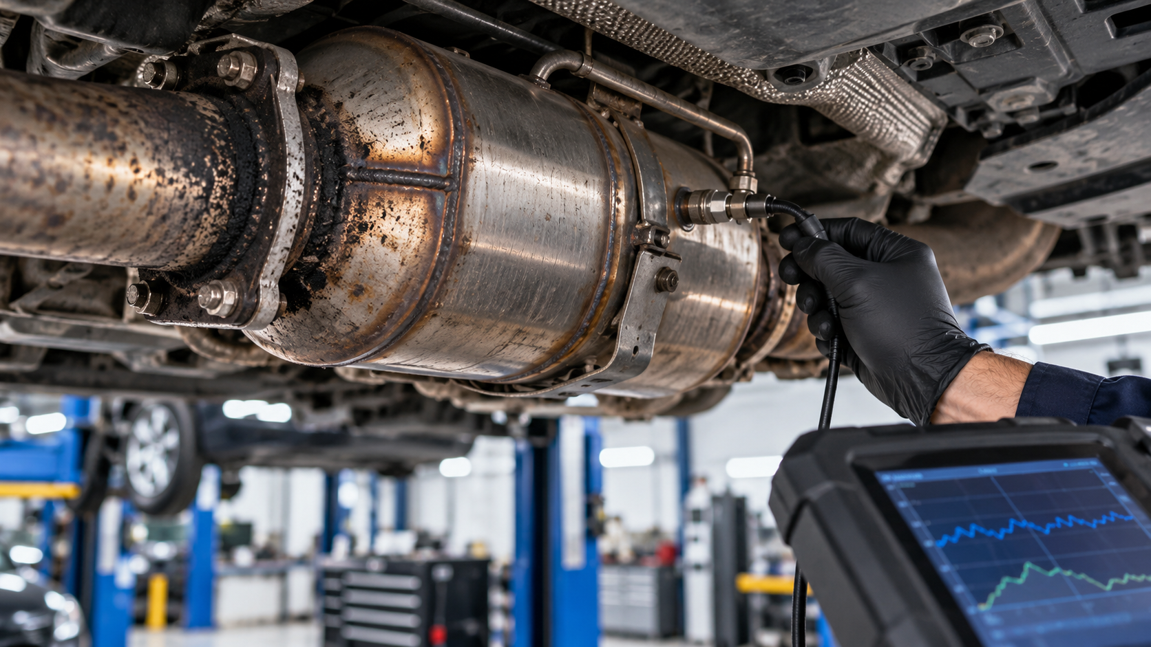 Filtre à particules encrassé de suie sur la ligne d’échappement, diagnostic à la valise OBD
