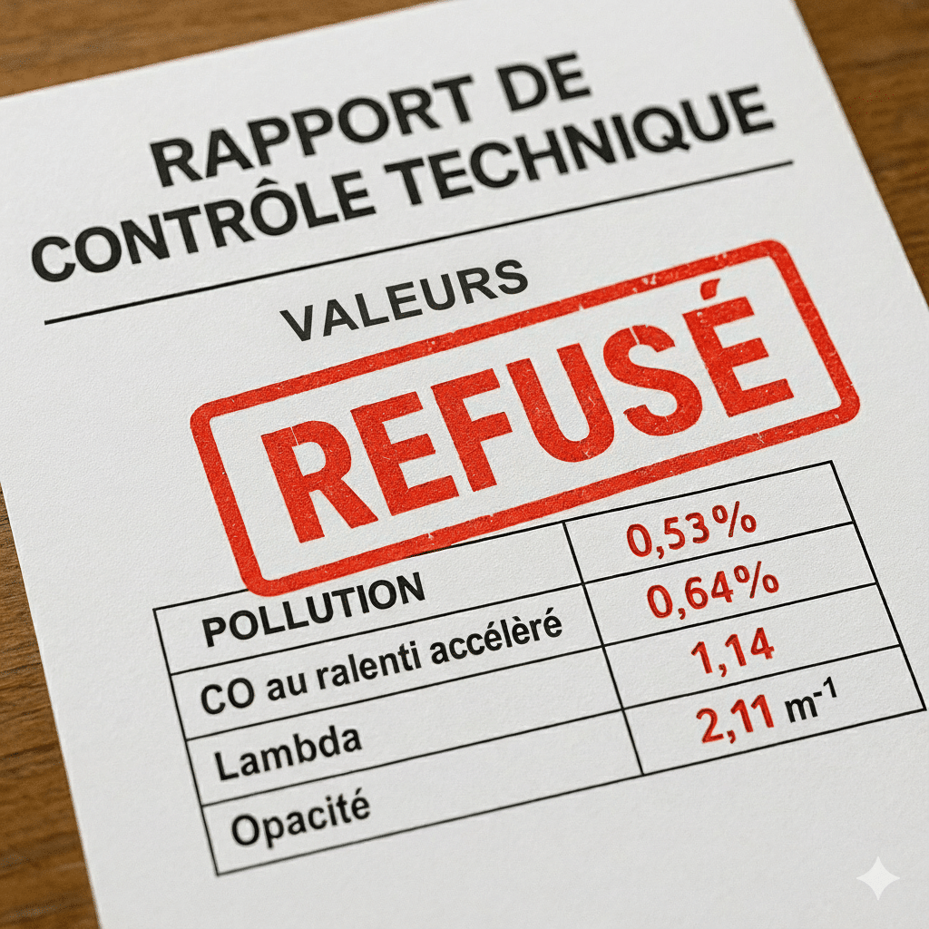 Rapport de contrôle technique refusé pour pollution excessive - valeurs CO et opacité