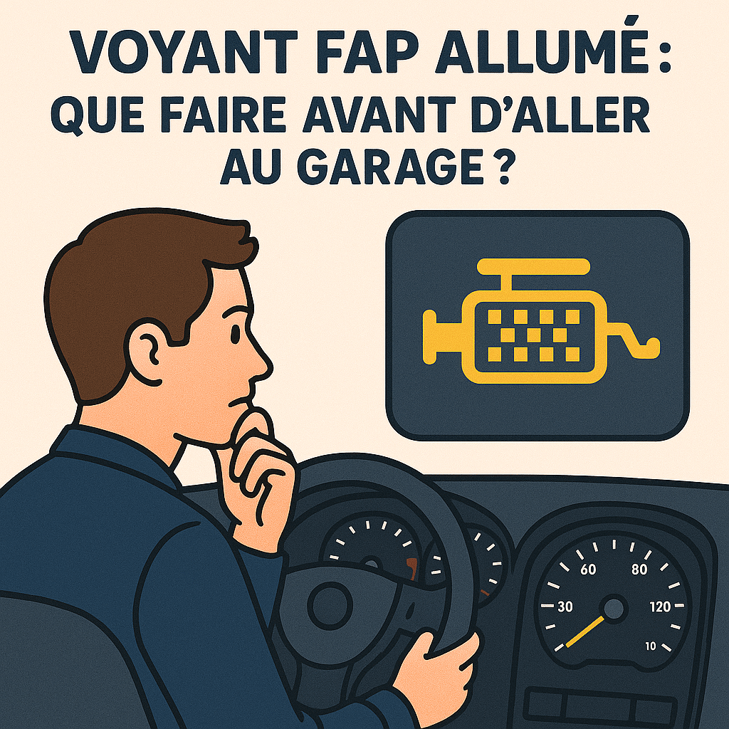 Tableau de bord de voiture avec voyant FAP orange allumé, illustrant un conducteur inquiet avant d’aller au garage.