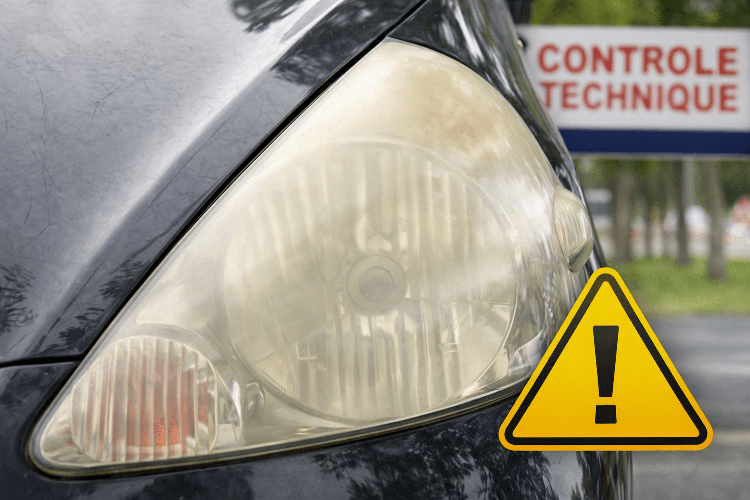 Phare jauni devant un centre de contrôle technique avec pictogramme d'avertissement - risque de contre-visite