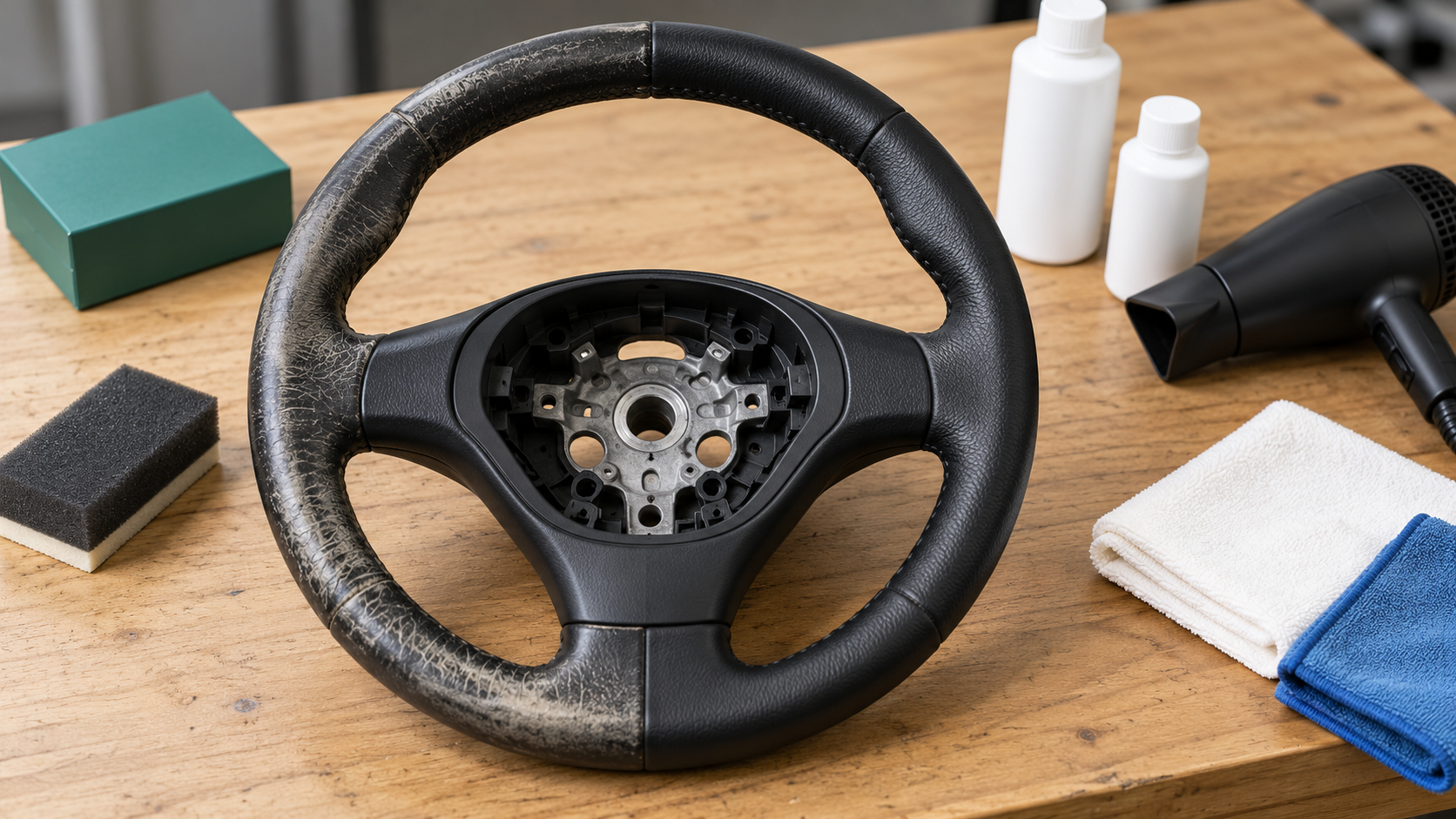 Volant en cuir noir à moitié rénové sur un établi, avec kit de rénovation, éponge et sèche-cheveux