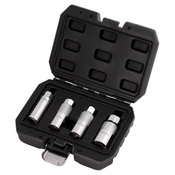 Coffret ouvert du jeu de 4 douilles à bougies magnétiques 3/8" Draper en acier chrome-vanadium
