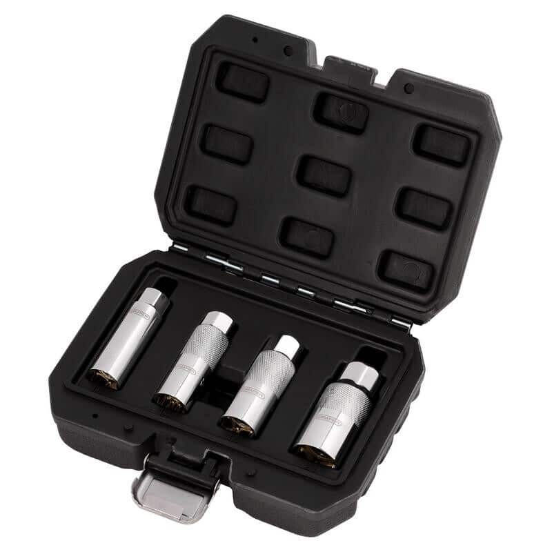 Jeu douilles bougies magnétiques Draper 3/8" - coffret Coffret ouvert du jeu de 4 douilles à bougies magnétiques 3/8" Draper en acier chrome-vanadium