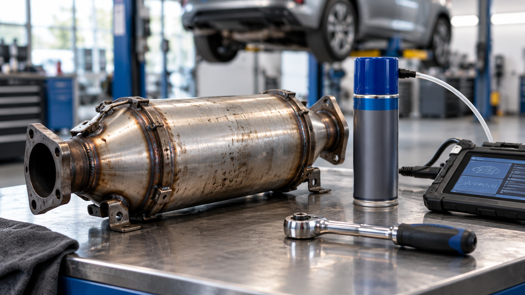 Filtre à particules diesel déposé sur un établi avec nettoyant FAP, canule et valise de diagnostic